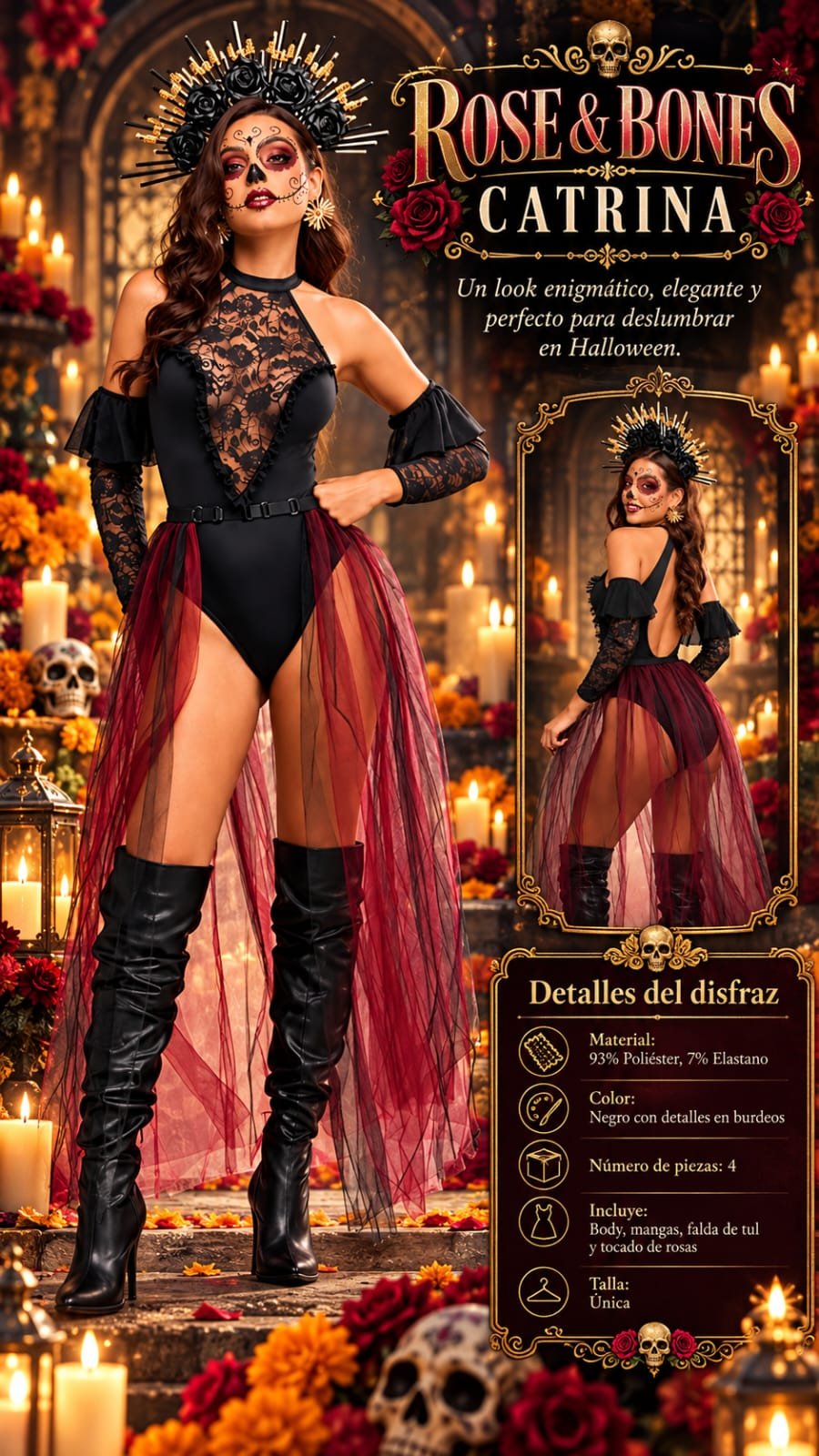 Disfraz Halloween para mujer 2026 - Rose & Bones Catrina